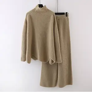 2023 Bộ quần áo len dệt kim đa năng lười biếng dáng rộng mới cho nữ Bộ quần hai mảnh dáng mỏng màu trơn