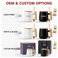 Mug en céramique avec poignée en bois, impression de logo personnalisé, 301-400 ml, avec couvercle et cuillère, blanc et noir, pour le café, le thé, le bureau, usage quotidien