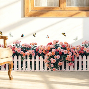 Autocollant mural 3D Jardin de roses romantique et clôture blanche - Décalcomanie florale auto-adhésive <span class=keywords><strong>pour</strong></span> plinthe de chambre et salon - Product Image 1