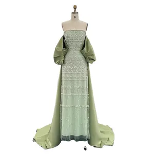 Sharon Said SS238 Luxury Dubai Sage Green Beaded Elegant Women Evening Dresses With Cape