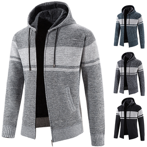 Hot Sale Men's Winter Hooded <b>Cardigan</b> Jacket with Zipper Closure <b>Thick</b> Velvet Fabric Anti-shrink Feature Striped Mandarin Collar - Product Image 1