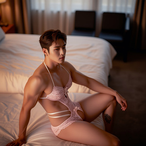 Lingerie érotique pour hommes, combinaison sexy en dentelle rose grande taille, ajourée et transparente avec entrejambe ouvert, tenue de travesti et de demoiselle d'honneur masculin - Product Image 1