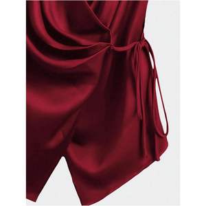 Blusa de Satén Personalizada para Mujer, Cuello en V, Sin Mangas, con Lazo Cruzado, Estilo Casual de Negocios, Camisa de Verano Antiarrugas - Product Image 5