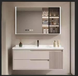 Combinaison de meuble de salle de bain de style crème ensemble intelligent de salle de bain moderne et minimaliste en céramique avec lavabo intégré - Product Image 3