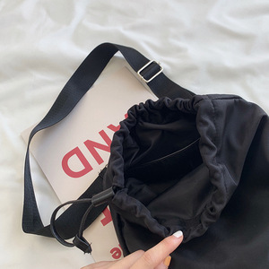 Black Drawstring <b>Shoulder</b> Bag With Thick <b>Strap</b> Minimalist Crossbody Bag For Women - Product Image 4