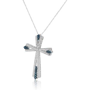 Religious Cross Pendant <b>Necklace</b> 0.77 Cttw Cut White <b>Blue</b> Diamonds Rhodium Plated 925 Sterling Silver 18 Inch for Women - Product Image 3