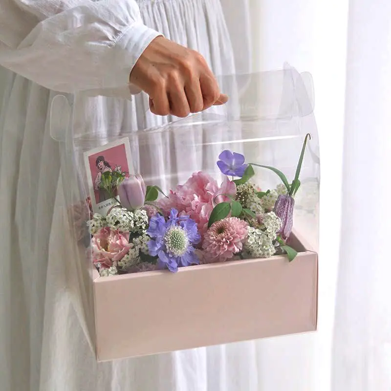 clear pvc paper flower bags floral arrangement gift carrier bag rectangle transparent cardboard bouquet Fruit cake Carry box