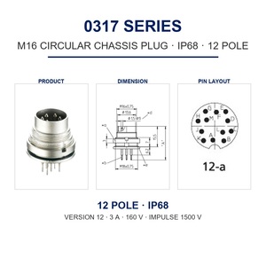 <span class=keywords><strong>Connecteur</strong></span> Circulaire M16 DIN IP68 IEC 61076-2-106 à Soudure PCB, Châssis Mâle 12 Broches <span class=keywords><strong>Étanche</strong></span>, Taille de Broche Personnalisée OEM 3A, Vente Directe Usine - Product Image 1