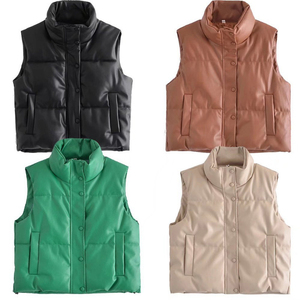 Nuevo Chaleco Cárdigan de Mujer en Color Sólido con Cuello Alto, de Cuero PU y Algodón, a la Moda - Product Image 2