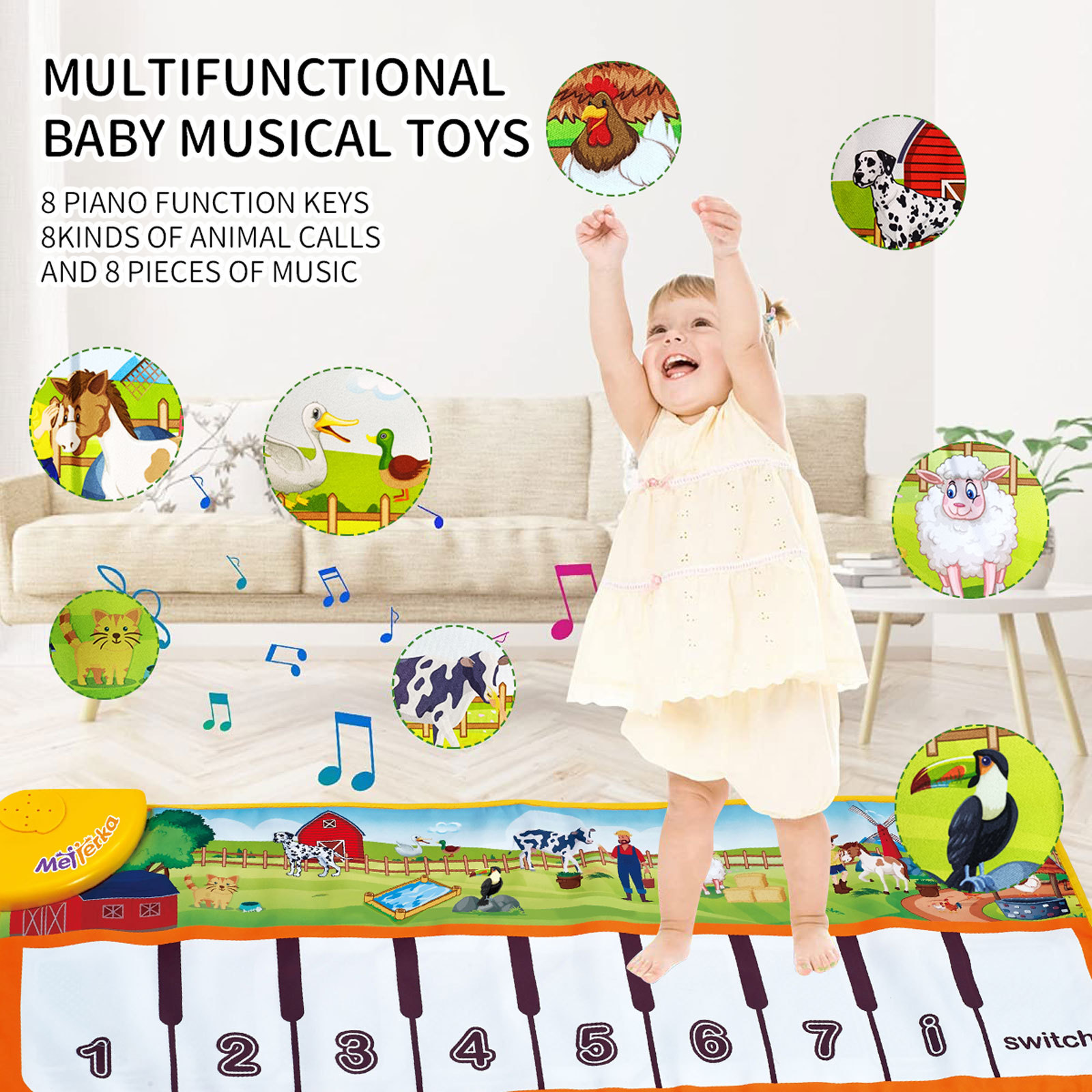 Tapis Musical Bébé Piano - Jouet Éveil 1-3 Ans Avec 8 Animaux Et Lumières - Cadeau Idéal Garçon Fille