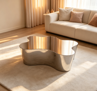Table basse moderne de luxe léger et minimaliste avec plateau irrégulier en acier inoxydable argenté durable, table combinée pour chambre à coucher