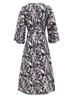 Robe tissée à imprimé intégral pour femmes, col rond, manches 3/4, coupe trapèze avec ceinture, jupe décontractée pour rendez-vous, vacances, noir et rose en stock