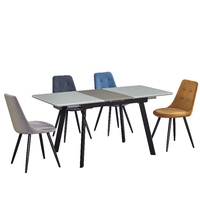 Table à manger contemporaine extensible et peu encombrante pour 6 personnes avec plateau en verre et pieds en métal, construction en MDF