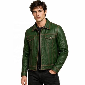 Chaqueta Trucker Vintage de Piel de Cordero Encerada para Hombre OEM, Costuras en Contraste, Diseño Multibolsillos, Corte Ajustado Personalizado, Prenda Exterior de Cuero Genuino - Product Image 1