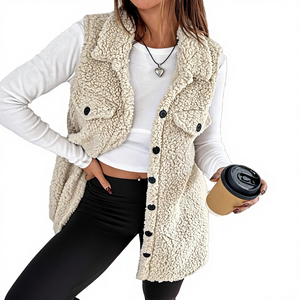 Thickened <b>Warm</b> Design Knitted Button Casual <b>Cardigan</b> Lapel <b>Women's</b> Sleeveless Loose Solid Color Eco-Friendly Windproof Fleece - Product Image 4