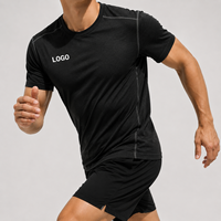 T-shirt sportif pour homme, noir, manches courtes, col rond, coupe ajustée, séchage rapide, tricoté en polyester, logo sur le devant