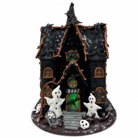 Figurine de maison hantée d'Halloween en pâte à modeler faite à la main avec lumière LED, citrouille, fantôme, décoration de table vintage