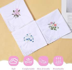 بيع بالجملة السيدات الناعمة 60s القطن التطريز هانكيز 28X28cm خمر الأزهار المطرزة الدانتيل مناديل للنساء - Product Image 5