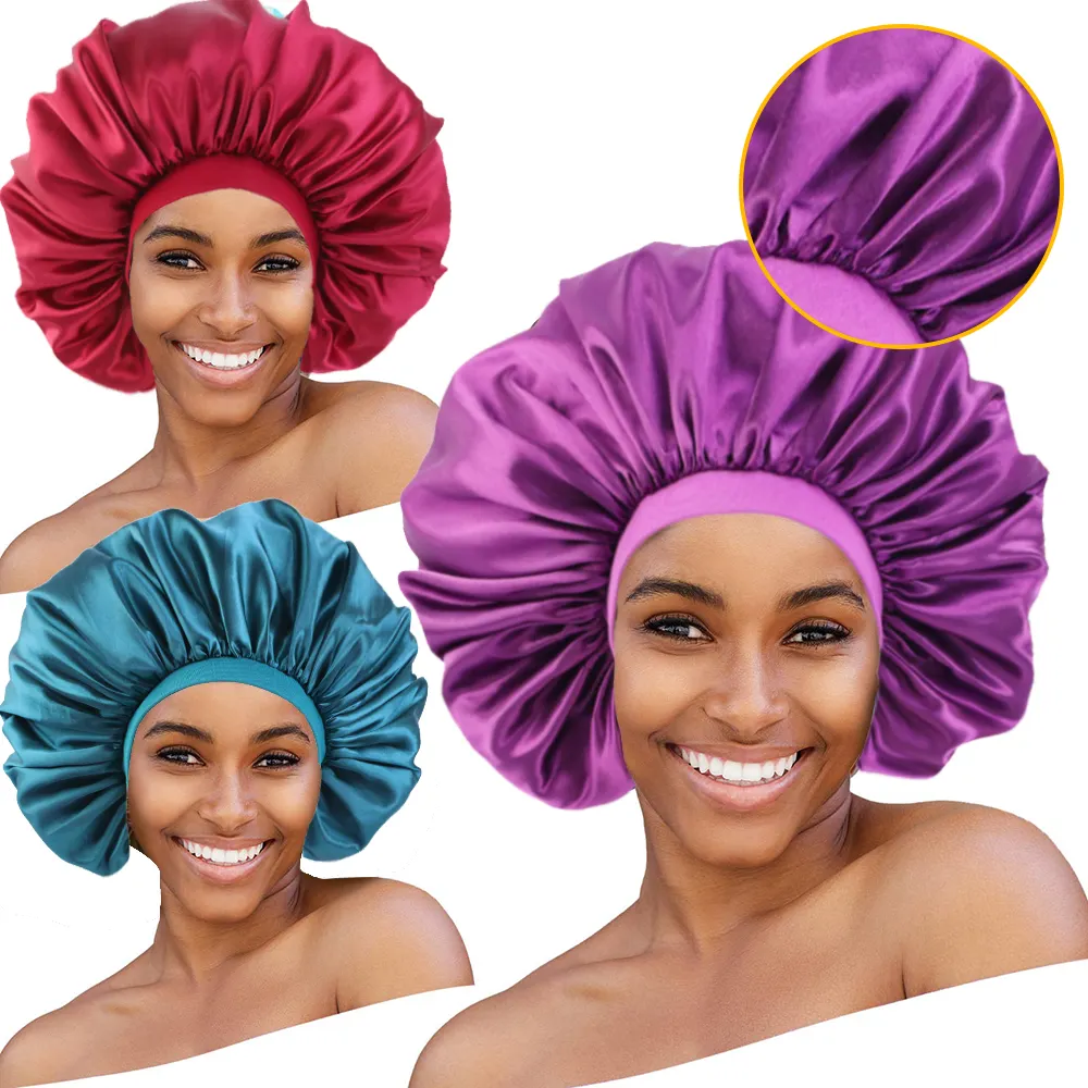 Solid Color Reversible Silky Satin Bonnet Double Layer Sleep Night Cap Head Cover Bonnets Hat for For Curly Springy Hair