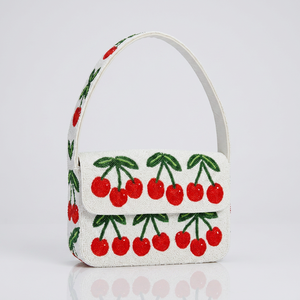 Bolso de Mano Rectangular Blanco Hecho a Mano con Bordado de Cerezas, Arte Artesanal - Product Image 1