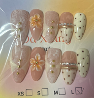 Kuku Akrilik Press-on Grosir Bentuk Almond Warna Nude Polka Dot Bunga 3D Berhias Rhinestone Dapat Digunakan Kembali untuk Wanita dan Remaja Putri