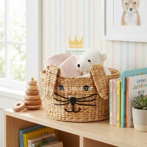 Panier à linge en jacinthe d'eau de haute qualité, en osier, forme d'animal mignon pour chambre d'enfant, organisateur de jouets, couleur naturelle, forme ronde - Product Image 3