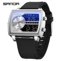 Sanda 6163 Marken-Luxus 3-Zeitzonen Quadratische Mode-Armbanduhr mit Stahl-/Silikon-/Lederarmband Multifunktionale Digital-Quarz-Herrenuhr