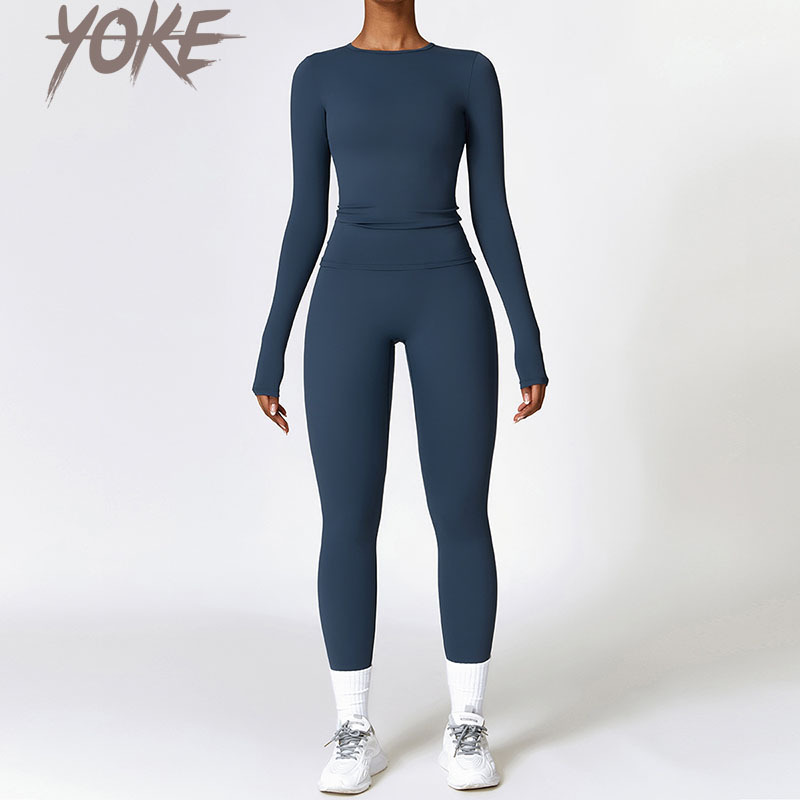 Yoke Fall New Women's Two-Piece Breathable Long Sleeve Gym Fitness Exercise High Waist Yoga Pants Leggings Solid Yoga Set