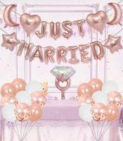 Kit de ballons en latex et en aluminium avec motifs Lune Argentée, Étoile, Bague Diamant et 'Just Married' pour la décoration de toile de fond de fête nuptiale