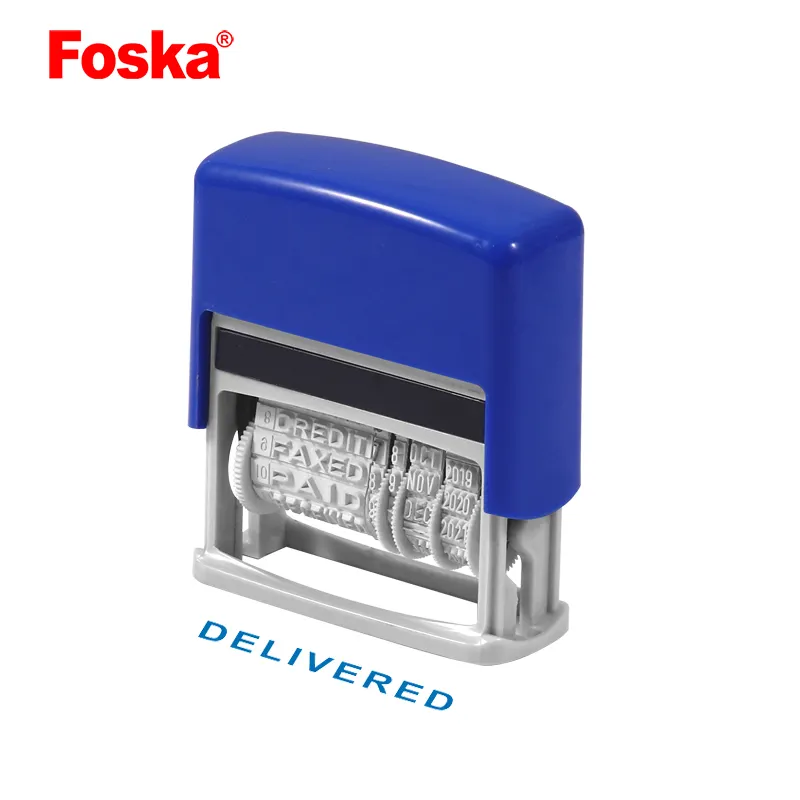 Foska 핫 세일 사무실 사업 플라스틱 고무 다시 뒤집기 버킷 자체 잉크 제품 조정 가능한 날짜 텍스트 사용자 정의 로고 스탬프