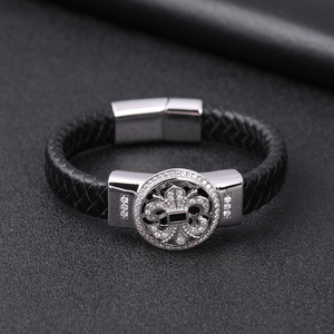 Handcrafted Genuine <b>Leather</b> <b>Bracelet</b> With PVD Gold Stainless Steel Magnetic Clasp & Rotatable Cubic Zirconia Fleur De Lis Charm - Product Image 3