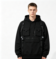 Sweat à capuche tactique multi-poches personnalisé imprimé Kornit, 100 % coton épais, écologique, respirant, avec sangle utilitaire, style streetwear