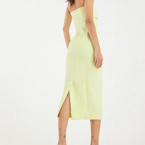 Vestido Midi Verde Esculpido con Cuello Bandeau, Estilo Bohemio Casual, Tejido con Estampado, Largo Maxi con Cintura Elástica para Todas las Temporadas - Product Image 3