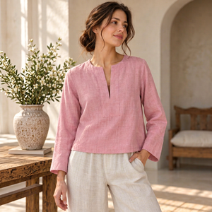 Blusa de Lino Rosa para Mujer, Venta al por Mayor, Manga Larga, Transpirable, Informal, con Botones, Ecológica - Product Image 1