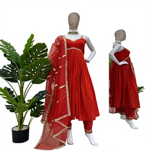 Moderno y en Tendencia, Salwar Kameez para Mujer, Estampado Digital en Organza, Secado Rápido, Vestido Rojo, Palazzo, Dupatta, Trabajo Dori Latkan Micro - Product Image 1
