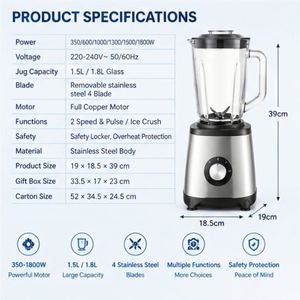 Nueva Licuadora de Mesa Eléctrica Automática de 350-1800W y 5 Velocidades, Vaso de Vidrio de 1.5L, Carcasa de Acero Inoxidable, para Preparar Smoothies - Product Image 6