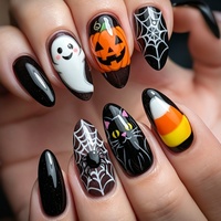 Faux ongles autocollants Halloween motif toile d'araignée et citrouille, taille moyenne, style Instagram, style européen et américain