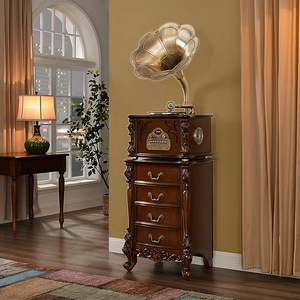 Grammofono Vintage Stile Americano, Fonografo Classico dall'Aspetto Antico in Legno Massello, Stile Europeo per Soggiorno e Sala da Tè, con Grande Tromba - Product Image 1