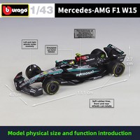 BBURAGO 1:43 2024 Modèle de voiture de course en métal moulé sous pression argenté avec vitrine en acrylique - Article de collection