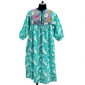 Vestido Maxi Anarkali Floral Turquesa 100% Algodón con Cuello Atado, Cintura Imperio, Silueta en A, Mangas Holgadas, Ajuste Relajado, Casual - Product Image 2