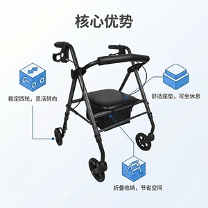 Rayhisheng Foldable Walker <b>With</b> <b>Seat</b> And Storage Bag For Elderly Quick Release Blue <b>Frame</b> Black Legs - Product Image 1