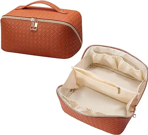 Large Capacity Travel Makeup Bag Woven Leather Portable PU Waterproof Cosmetic Bag Divider Flat Lay Makeup Organizer