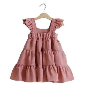 Хлопковое однотонное платье для маленьких девочек, с рукавами-рюшами, различные цвета, индивидуальная детская одежда