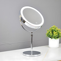Desktop Double-Sided Magnifying Mirror with Round Metal Frame & LED Telescopic Stand Height Adjustable Vanity Mirror for Travel