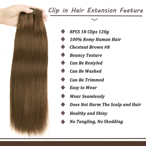 Extensiones de Cabello Liso con Clip, 100% Cabello Humano Real # 8 Extensiones de Cabello Humano con Clip en <span class=keywords><strong>Color</strong></span> <span class=keywords><strong>Castaño</strong></span> <span class=keywords><strong>Ceniza</strong></span>, 120g/8 Piezas - Product Image 6
