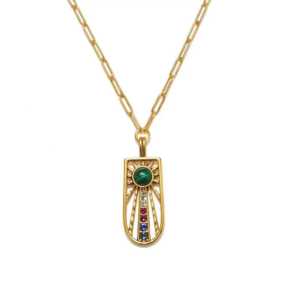 Gold Plated Copper Vintage Sunshine Amulet Necklace Colourful Zirconia Micro Set Necklace Fashion Jewellery