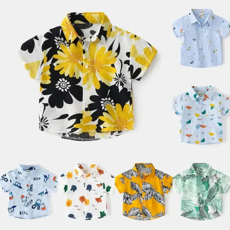 लड़कों के लिए नए स्टाइल के ग्रीष्मकालीन कपड़े, लड़कों के लिए छोटी आस्तीन वाली प्रिंटेड शर्ट टॉप, बच्चों के लिए समुद्र तट के कपड़े