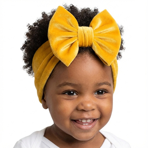 Nuova Fascia per Capelli per Bambina con Fiocco Oversize, Carina e alla Moda, in Velluto Dorato, Elastica 18cm, Vendita Calda - Product Image 2