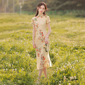 Femminile Qipao collo alla coreana corto Cheongsam Vestidso elegante abito cinese <span class=keywords><strong>fiore</strong></span> d'oro novità festa serale - Product Image 2