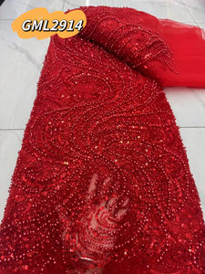 Tutto il tessuto di pizzo di perline con paillettes pesante densità cucito a mano con perla ricamata abito da sera da sposa materiale pizzo africano - Product Image 5